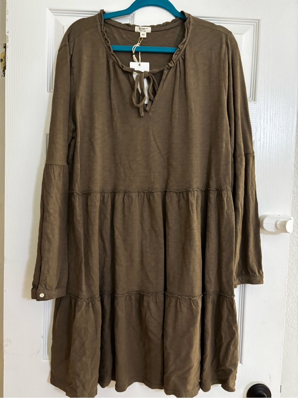 dylan Olive Tiered Long Sleeve Tie-Neck Dress